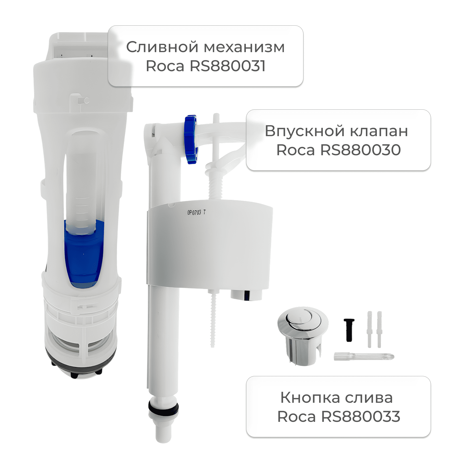 Впускной клапан, сливной механизм и кнопка слива Roca RS880030 / RS880031 / RS880033